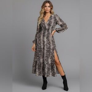 Snakeskin Print Split Thigh Ruffle Hem Dress